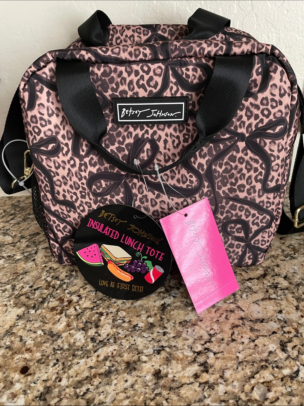 Betsey Johnson Pink Leopard-Print Insulated Tote with Black Ribbon Bows